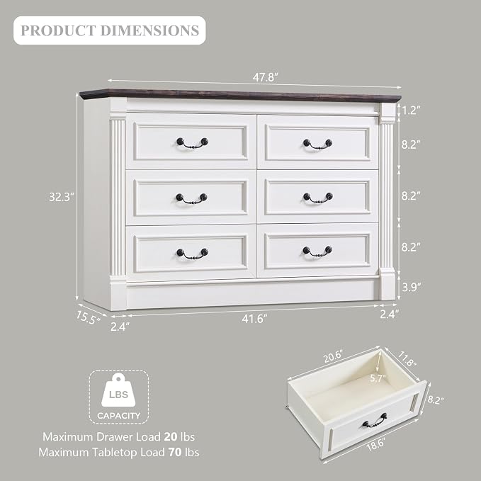 Aitjunz Farmhouse 47'' Wide 6 Drawer Dressers for Bedroom, Antique White | Chests of Drawers w/Roman Columns, Horizontal Wooden TV Stand Dresser w/Metal Handle for Bedroom, Hallway, Living room