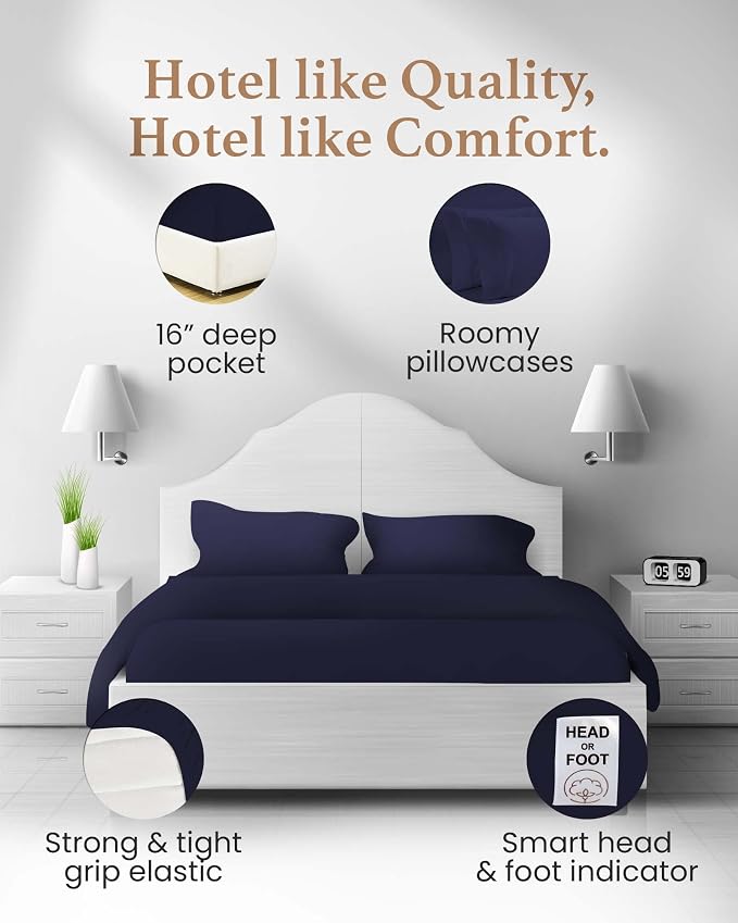 Good Sleep Bedding California King Sheets, 4 Piece, 100% Egyptian Cotton Cal King Sheets, Sateen Weave Bed Sheets, Ultra-Soft, 16" California King Sheet Sets Deep Pocket - Navy Blue