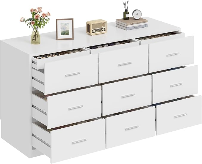 Dresser for Bedroom with 9 Drawers, 14.2"D X 59.1"W X 29.5"H, White | Modern Chest of Drawers with Hidden Drawer,Wood Storage Dresser, Storage Organizer for Living Room, Closet, Hallway