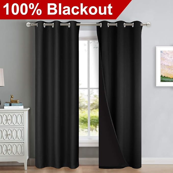NICETOWN Black Blackout Curtains for Dining Room 42" w x 84" L 2 Panels | High-End Thermal Full Room Darkening Curtains Soundproof Window Treatment Drapes for Hall Room, Light Blocking Home Decor