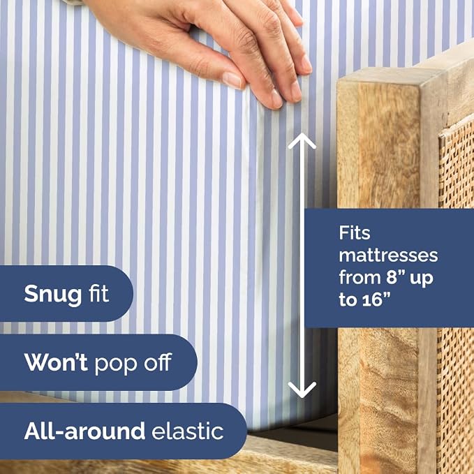 King 4 Piece Striped Sheet Set - Soft, Breathable & Cooling - Blue Sky | 1 Flat, 1 Fitted & 2 Pillowcases w/ Deep Pockets, Luxury Striped Bedding, Soft, Breathable & Cooling, Wrinkle & Fade Free