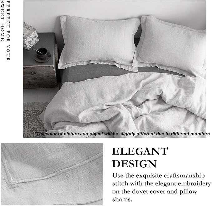 Simple&Opulence 100% Linen Duvet Cover Set with Embroidery Border Washed - 2 Pieces (1 Duvet Cover & 1 Pillow Sham) with Button Closure Soft Breathable Farmhouse - Light Grey, Twin Size