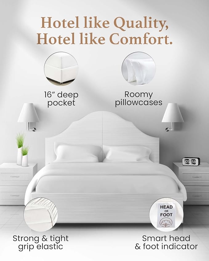Good Sleep Bedding 100% Egyptian Cotton Sheets Queen Size, 4 Piece Silky Sateen Weave Queen Bed Sheets, Ultra-Soft & Durable Hotel Luxury, 16 Inch Deep Pocket Queen Sheets - White