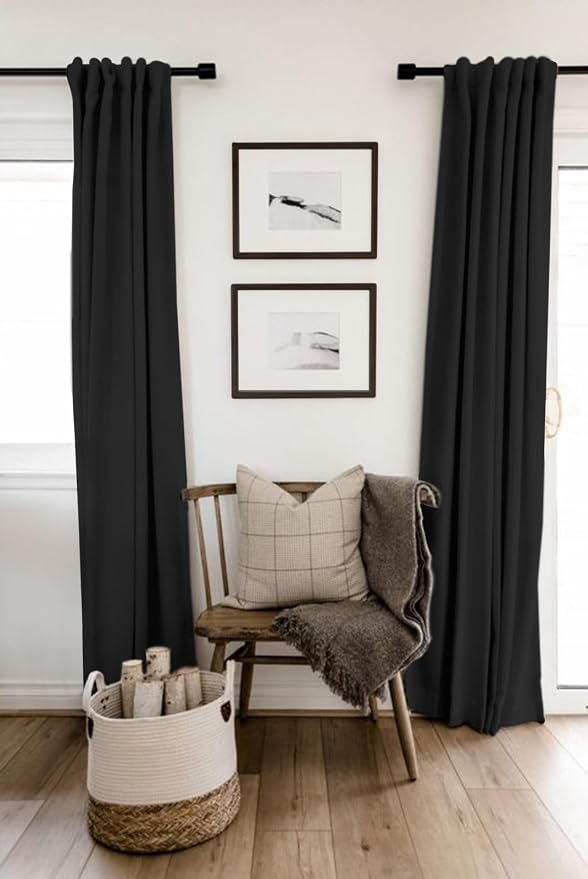 Linen Textured Total Blackout Curtains for Bedroom 84 Inches Long, Black | 100% Blackout Shield, Back Tab/Rod Pocket Living Room Drapes, Thermal Insulated Blackout Curtains 2 Panels Set, 42"W x 84"L