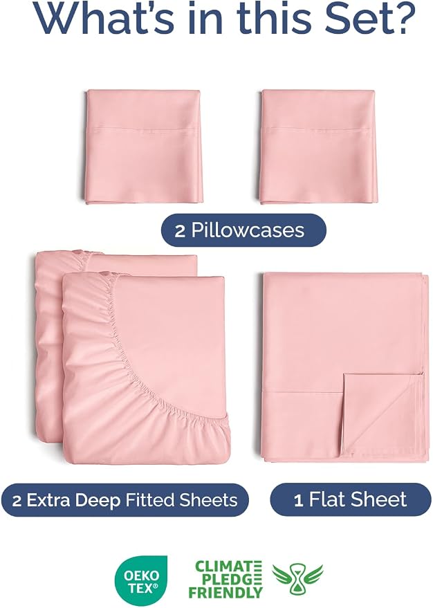 Extra Deep Split King Sheet Set - 5 Piece Soft & Cooling Sheets - Baby Pink | Easily Fits 18 to 24 inch Mattress - Ultra Soft, Wrinkle & Fade Free with Extra Deep Pockets - Comfy Hotel Luxury Bedding
