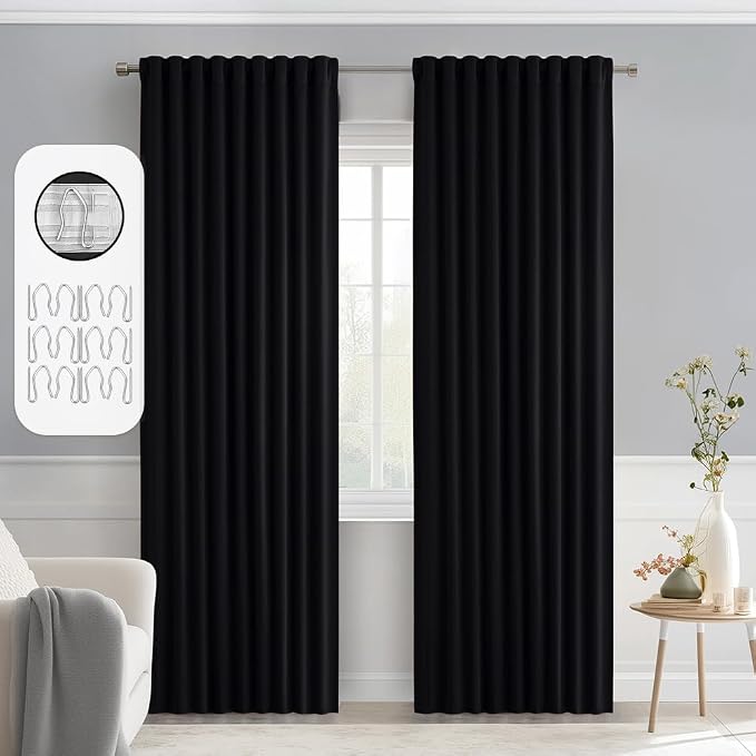MIULEE Black Back Tab Blackout Curtains 52x80 Inch Length 2 Panels Set | Rod Pocket Pinch Pleated, Thermal Insulated, Room Darkening, Light Blocking Drape, Halloween Curtains for Living Room Bedroom