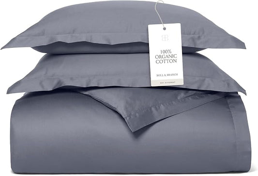 BOLL & BRANCH Signature Hemmed Duvet Set, Full/Queen, Mineral | 1 Duvet Cover, 2 Shams - Luxury 100% Organic Cotton - Buttery Soft, Hidden Closures