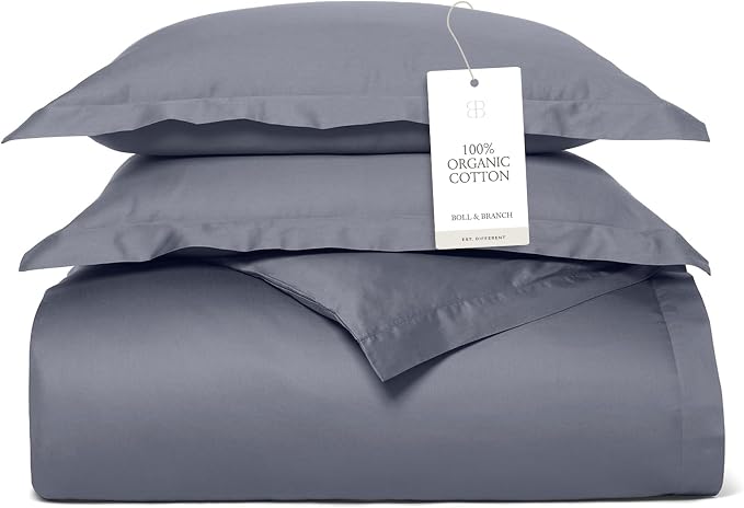 BOLL & BRANCH Signature Hemmed Duvet Set, King/Cal King, Mineral | 1 Duvet Cover, 2 Shams - Luxury 100% Organic Cotton - Buttery Soft, Hidden Closures
