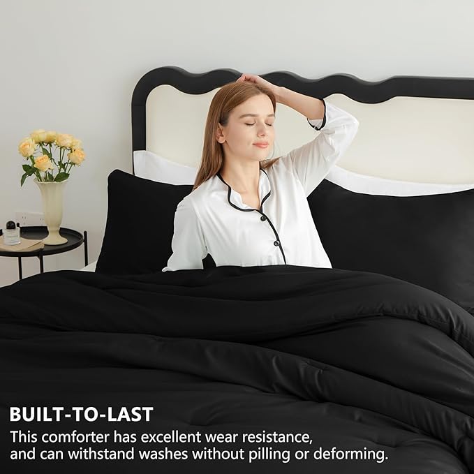 California King Comforter Set, 3 Pieces Black Quilted Bedding | 270 GSM Down Alternative Fill, 4 Corner Ties for Duvet Insert Use, All Season, OEKO-TEX Certified, 2 Pillowcases, 104 x 96 in