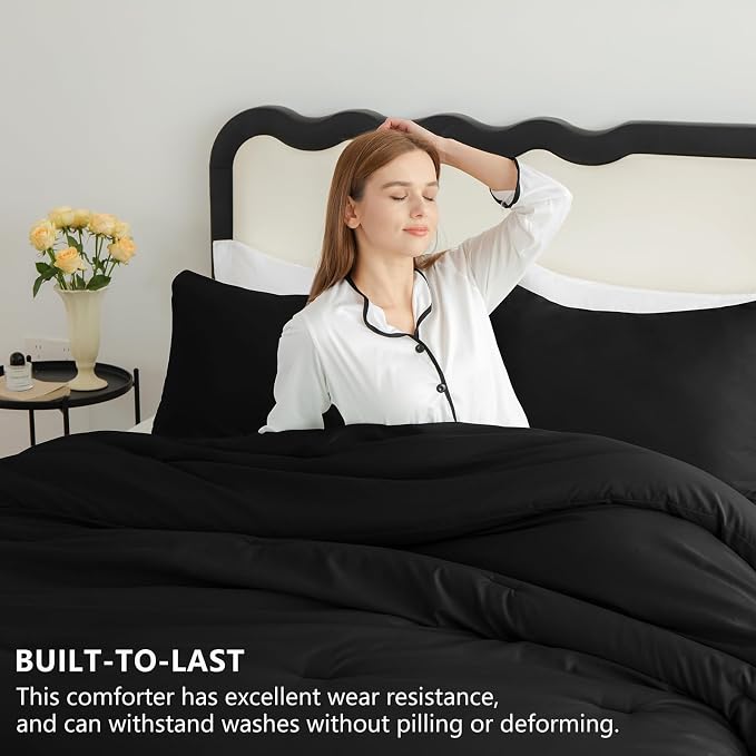 Queen Comforter Set, 3 Pieces Down Alternative Bedding, Black | 270 GSM All Season Comforter with 4 Corner Ties for Use as a Duvet Insert, OEKO-TEX Certified, 2 Pillowcases, 88 x 88 in