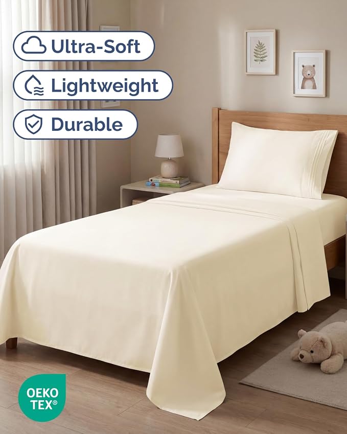 Twin Size 3 Piece Sheet Set - Comfy Breathable & Cooling Sheets - Off White | Hotel Luxury Bed Sheets for Women & Men, Deep Pockets, Easy-Fit, Extra Soft and Wrinkle Free Sheets, Oeko-Tex Bed Sheet Set