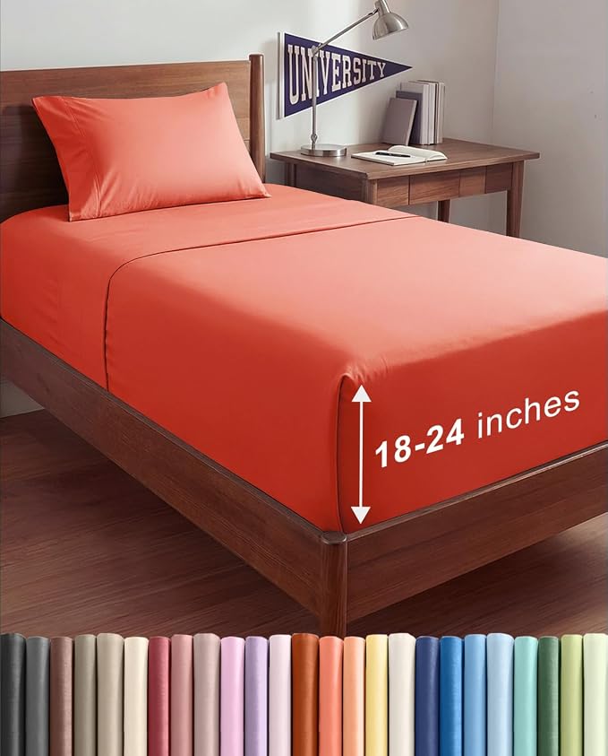 Extra Deep Twin XL Sheet Set - 3 Piece College Dorm Room - Coral | Soft, Breathable & Cooling, Easily Fits 18 to 24 inch Mattress, Wrinkle Free & Fade Resistant with Extra Deep Pockets