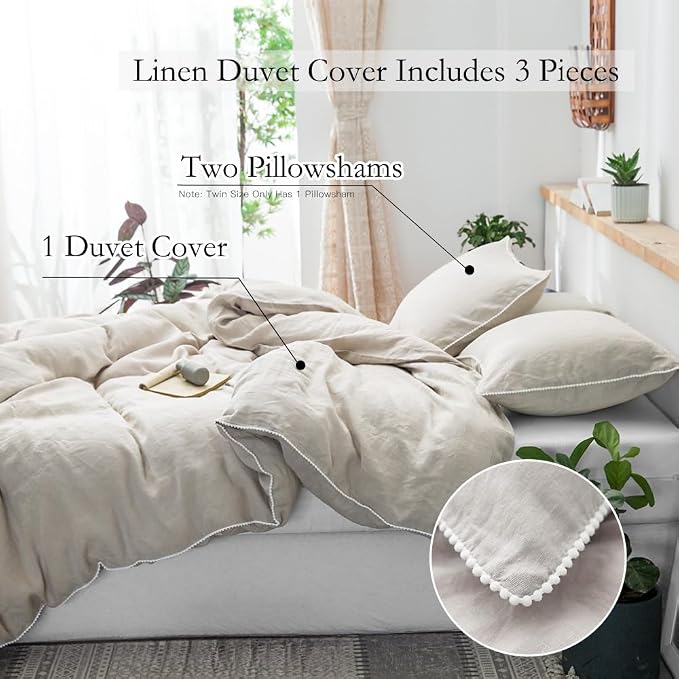 Simple&Opulence 100% Washed Linen Duvet Cover with Embroidered,3 Pieces Soft Farmhouse Comforter Set with Button Closure,1 Duvet Cover and 2 Pillowshams(Queen,Natural Linen)