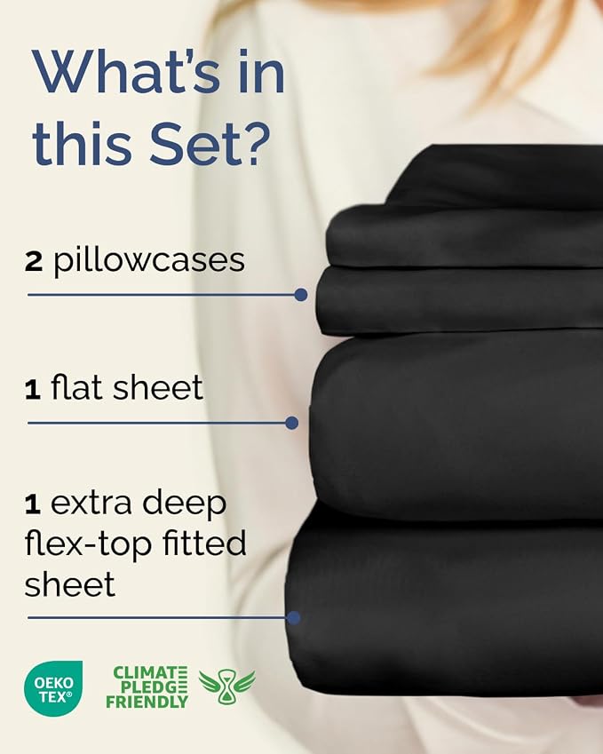Flex Top Split Head King Sheet Set - 4 Piece Extra Deep Sheets - Black | Easily Fits 18 to 24 inch Mattress, Ultra Soft, Wrinkle & Fade Free with Extra Deep Pockets, Comfy Hotel Luxury Bedding