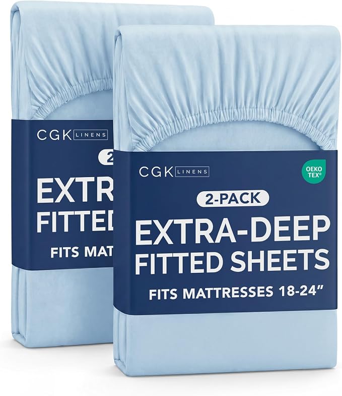 2 Pack Extra Deep Twin XL Fitted Sheets with Extra Deep Pockets - Sky Blue | Hotel Luxury Bottom Fitted Sheets Only, Soft, Fade & Wrinkle Free, Breathable & Comfy, All Around Elastic Fitted Sheets