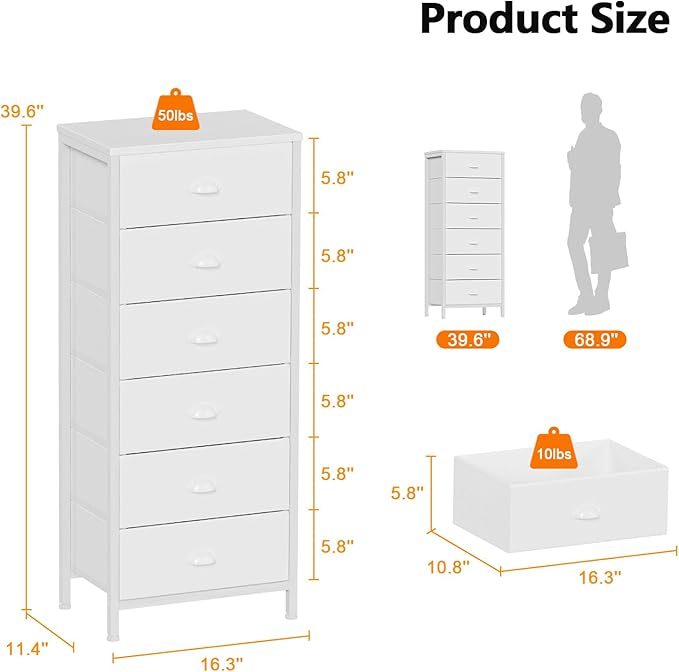 Furnulem White Dresser for Bedroom, 6 Fabric Drawers Chest of Drawers | Tall Skinny Dresser for Closet, Vertical Storage Tower Unit, Tall Nightstand for Dorm, Living Room, Metal Frame, Wooden Top