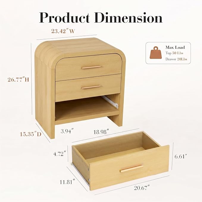 Night Stand Set of 2 [Unique Curved Profile] [FSC-Certified Wooden Board] 3-Drawer Nightstand 26.7" H Metal Handle Modern Sturdy Bedside Table Side Table End Table | [Curved Profile] [FSC-Certified Wooden Board] Nightstand 26.7"H Metal Handle Modern Be...