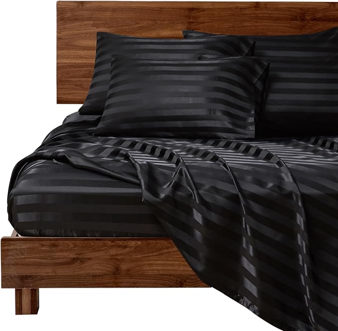 MR&HM Satin Sheets King Size with Elastic Corner Straps, Black Striped | Similar to Silk, 6-Piece Silky Soft Bed Sheet Set, Gentle on Skin and Hair, 15" Deep Pocket, Cooling & Breathable