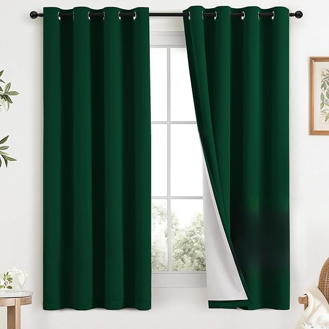 COSVIYA Drak Green 100% Blackout Curtains for Bedroom with White Back | 2 Thick Layers Full Room Darkening Thermal Insulated Curtain,Grommet Window Drapes for Living Room, 52x63 Inch, 2 Panels