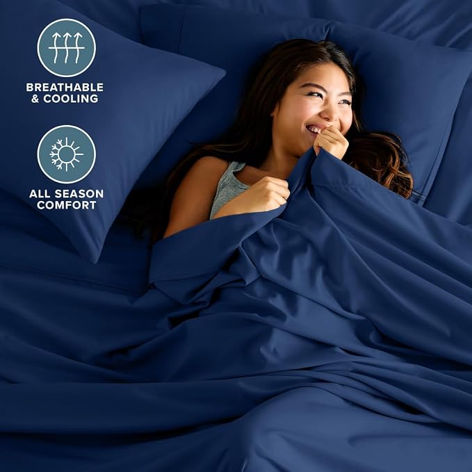 Bare Home Short Queen Sheet Set - 1800 Ultra-Soft (Queen Short, Dark Blue) | Deep Pockets 6 to 15 Inches, Breathable, Hypoallergenic, Hotel Luxury, Easy Fit, Soft, All-Season