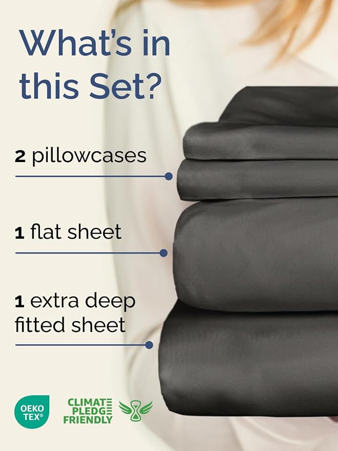 Extra Deep Cal King Sheet Set - 4 Piece Breathable & Cooling - Charcoal | Easily Fits 18 to 24 inch Mattress, Ultra Soft, Wrinkle & Fade Free with Extra Deep Pockets, Comfy Hotel Luxury Bedding