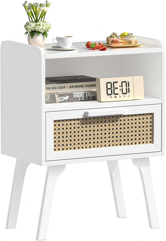 Lerliuo Rattan Nightstand, Bedside Table with Drawer Open Shelf | Cane Accent Side End Table with Solid Wood Legs, White Mid Century Night Stand for Bedroom, Dorm and Small Spaces