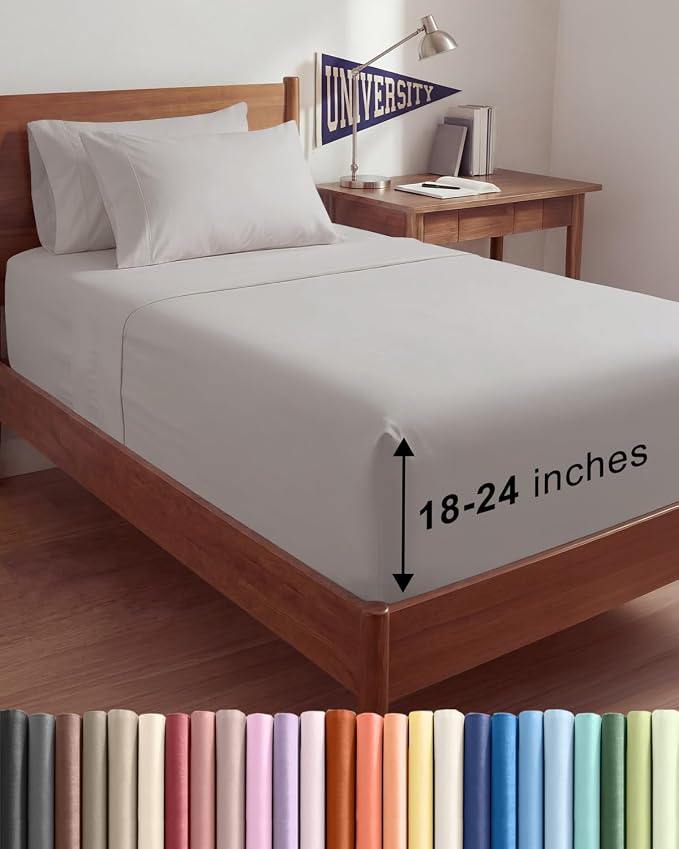 Extra Deep Twin XL Sheet Set - 4 Piece College Dorm Room - Light Grey | College Dorm Room Essentials, Easy & Secure Fit, Ultra-Soft, Wrinkle & Fade Free, Comfy Sheets Set with Extra Deep Pockets