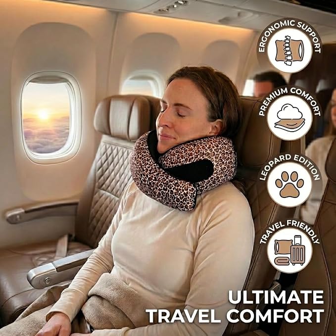 FlyHugz® Neck Travel Pillow Memory Foam Neck Pillow for Comfort on Airplane Compact and Ergonomic Design for Travel, Car Rides, and Home Use Ideal for Adults and Kids. (Leopard Print)