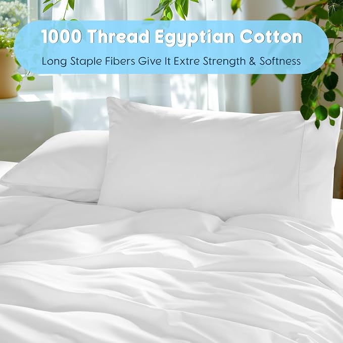 SONORO KATE 1000 Series 100% Egyptian Cotton Cal King Sheet Set,4 Pieces | Soft,Breathable Long Staple,Sateen Weave,Luxury 5-Star Hotel Bed Sheets,16" Deep Pocket,White