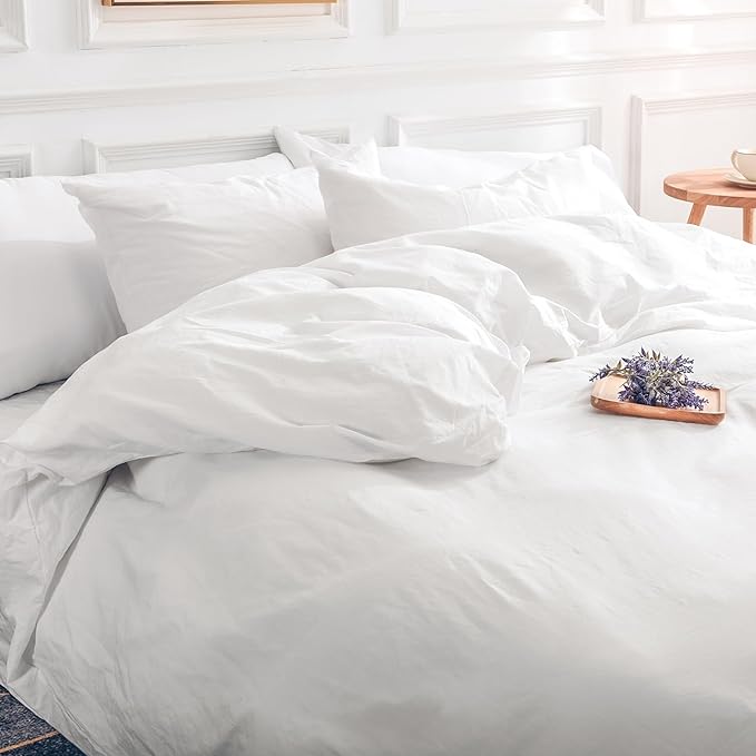 NEXHOME PRO Cotton Duvet Cover Queen Size White, Organic Natural Linen Feel 100% Washed Cotton 3 Pieces Bedding Set with Zipper Closure & Corner Ties, Breathable(No Comforter)