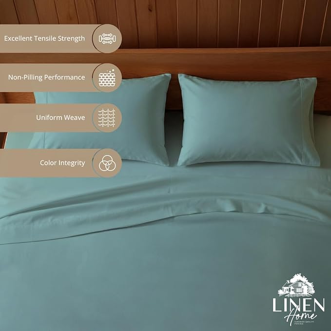 Linen Home 100% Cotton Percale Sheets Queen Size, Aqua Blue, Deep Pocket, 6 Pieces Set- 1 Flat, 1 Fitted and 4 Pillowcases, Crisp Cool and Long Staple Strong Bed Linen
