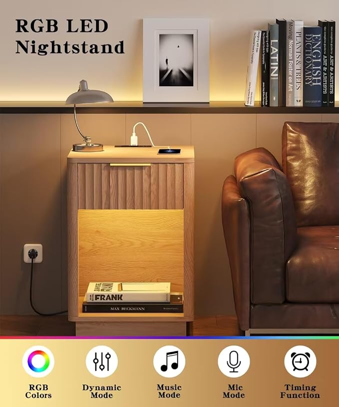 Akxomel Fluted Nightstand Set 2 Bedside Table with Charging Station Oak | Wooden Side Table with LED Light, Modern Mid Century End Table with Drawer, 15" D x 15.7" W x 22.6" H, for Bedroom