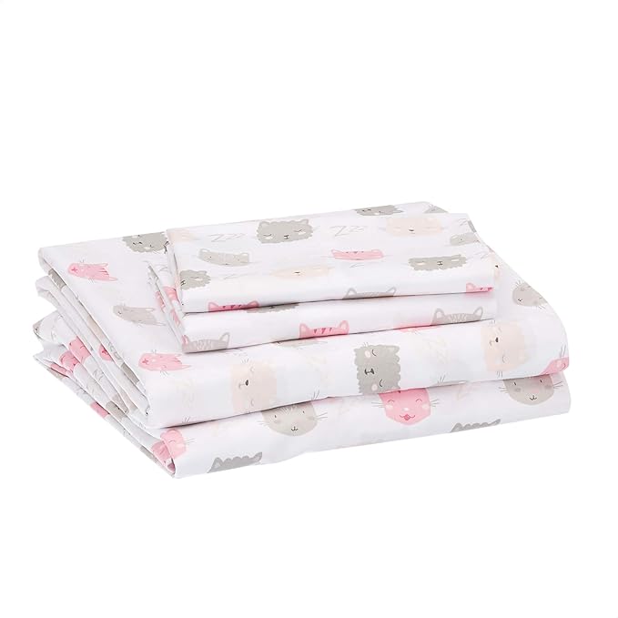 Amazon Basics 4-Piece Kid's Breathable Microfiber Sheet Set, Soft Easy-Wash Bedding Sheets with Pillowcases, Full, Pink Kitties