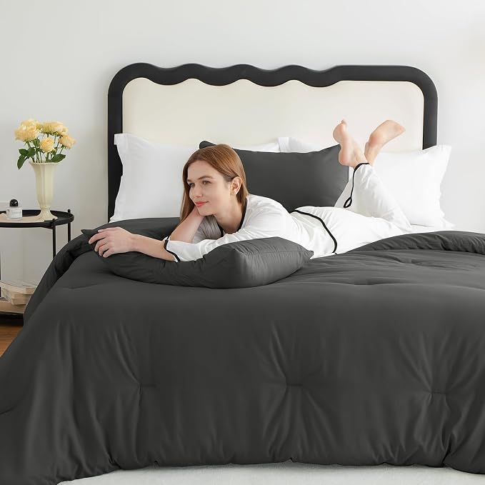 King Comforter Set, 3 Pieces Down Alternative Bedding, Dark Grey | 270 GSM All Season Comforter with 4 Corner Ties for Use as a Duvet Insert, OEKO-TEX Certified, 2 Pillowcases, 102 x 90 in