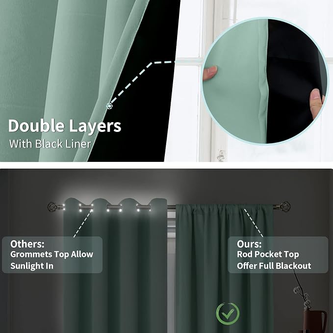 BGment Frosty Green Blackout Curtains for Bedroom 63 Inch Length 2 Panels | 100% Room Darkening, Noise Reducing, Thermal Insulated Rod Pocket Living Room Curtains, 52 x 63 Inch