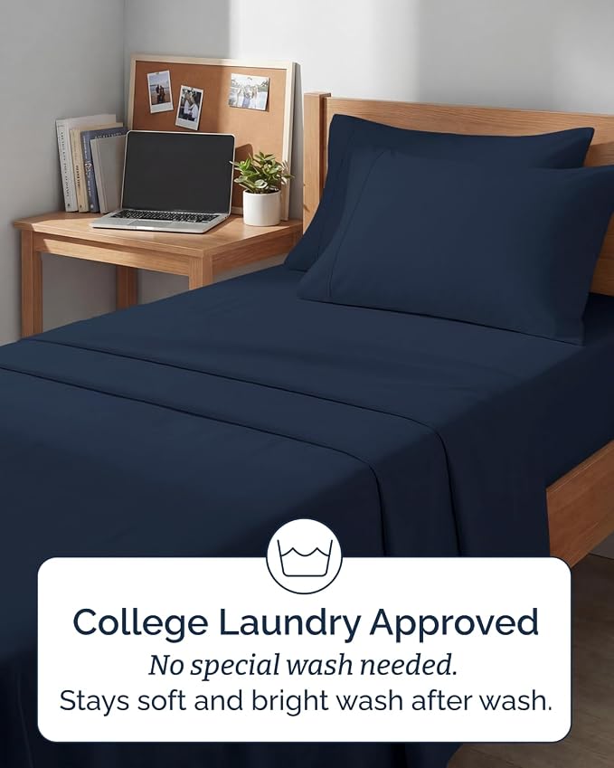 Extra Deep Twin XL Sheet Set - 4 Piece College Dorm Room - Navy Blue | College Dorm Room Essentials, Easy & Secure Fit, Ultra-Soft, Wrinkle & Fade Free, Comfy Sheets Set with Extra Deep Pockets