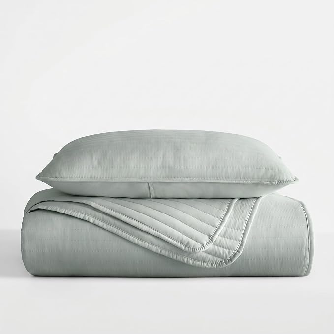 Merit Linens Modern Quilt Coverlet Soft Set in Stripe Stitching - Twin/TwinXL Eucalyptus