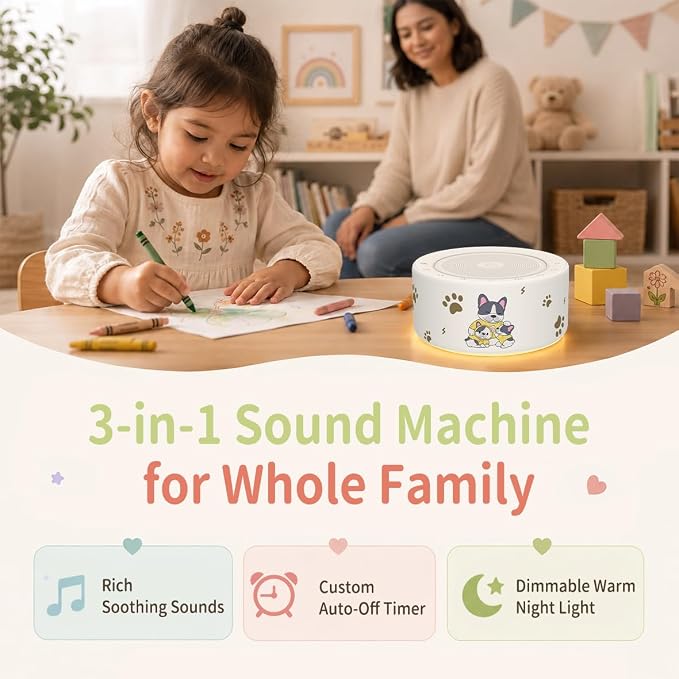 Kipcush White Noise Machine for Baby & Adults, Sleep Sound Machine with 30 Soothing Sounds, 8-Color Night Light, Memory Function, White Noise for Sleeping, Nursery, Office, Travel, Relaxation