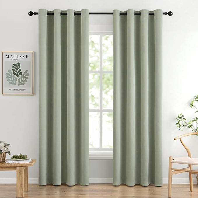 MIULEE Sage Green Blackout Bedroom Curtains Drapes 90 Inch Long 52"x90" | Grommet Top, Room Darkening Window Drapes, Privacy Protection, Thermal Insulated, Heat Blocking, Light Blocking