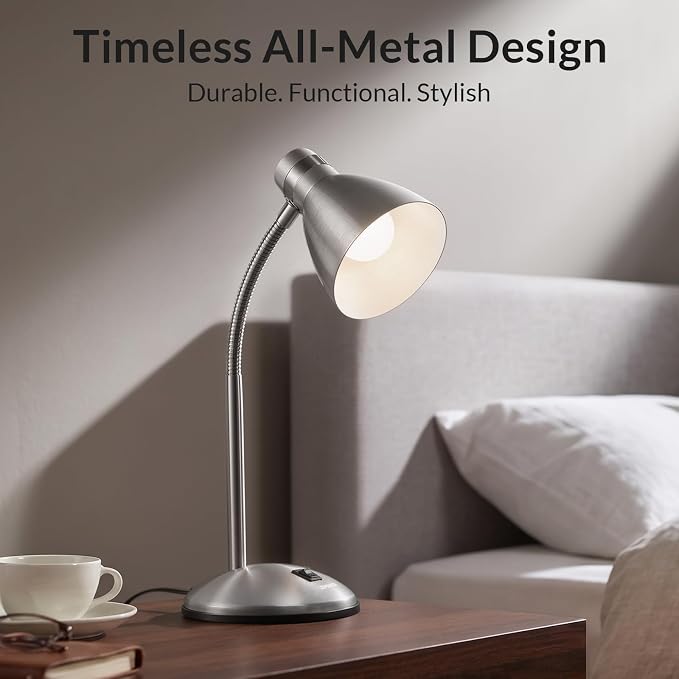 LEPOWER Metal Desk Lamp, Adjustable GooseNeck Reading Light for Bedroom | Compact & Sturdy, Space-Saving for Bedside & Dorm, E26 Table Lamp, Eye-Caring, Ideal for Study, Office, Back to School