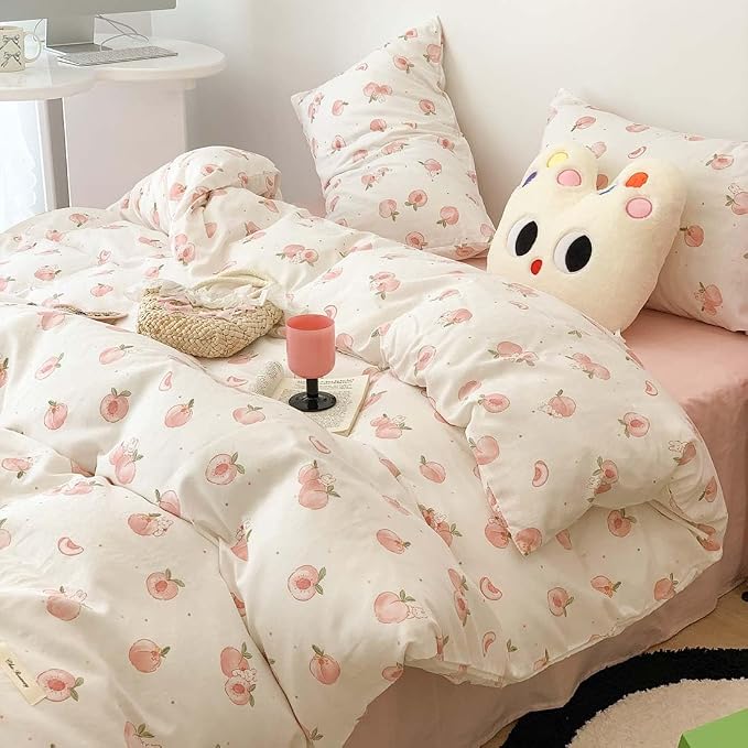 Nayoroom Pink Peach Duvet Cover Queen Size Kawaii Fruit Peaches Rabbit Printed on White Comforter Cover 3Pcs Kids Girls Soft Breathable Microfiber Cute Cartoon Bedding Set with Zipper Closure