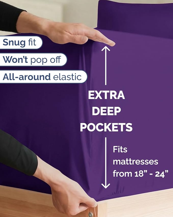 Extra Deep Twin XL Sheet Set - 3 Piece College Dorm Room - Purple | Soft, Breathable & Cooling, Easily Fits 18 to 24 inch Mattress, Wrinkle Free & Fade Resistant with Extra Deep Pockets