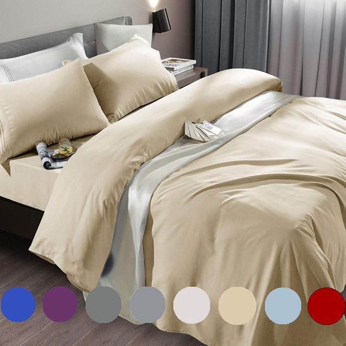 SONORO KATE Bed Sheet Set Super Soft Microfiber 1800 Series Luxury Egyptian Sheets Fit 18-24 Inch Deep Pocket Mattress Wrinkle-6 Piece (Beige, Queen)