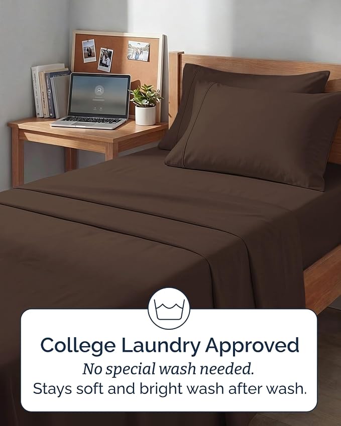 Extra Deep Twin XL Sheet Set - 4 Piece College Dorm Room - Brown | College Dorm Room Essentials, Easy & Secure Fit, Ultra-Soft, Wrinkle & Fade Free, Comfy Sheets Set with Extra Deep Pockets