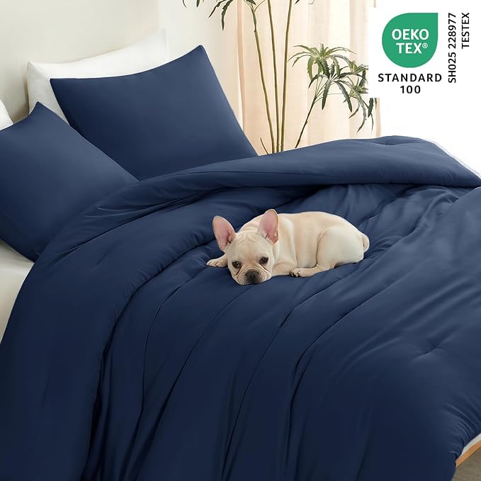 California King Comforter Set, 3 Pieces Navy Blue Quilted Bedding | 270 GSM Down Alternative Fill, 4 Corner Ties for Duvet Insert Use, All Season, OEKO-TEX Certified, 2 Pillowcases, 104 x 96 in