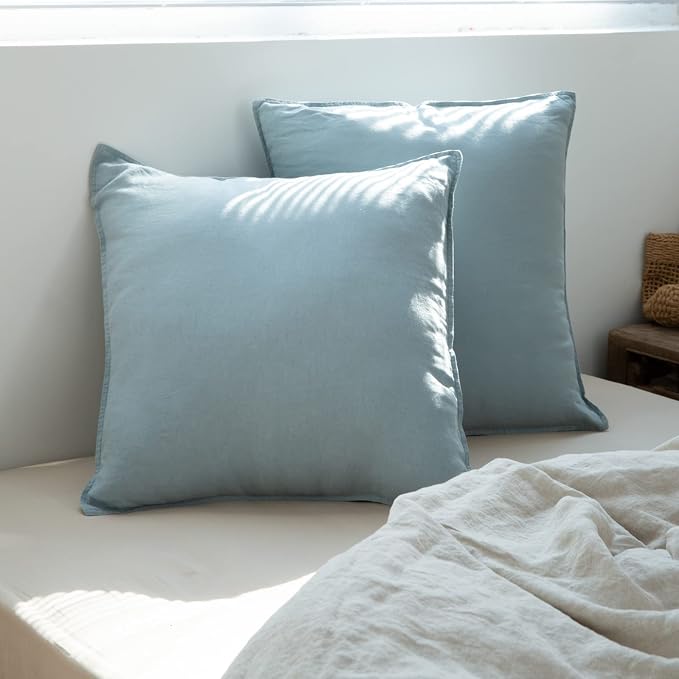 Simple&Opulence 100% Washed Linen Euro Shams 26'' x 26'' Pack of 2, Basic Style Solid Color Natural Flax Farmhouse Decorative Square Throw Pillow Covers for Bed Couch Sofa - Dusty Blue