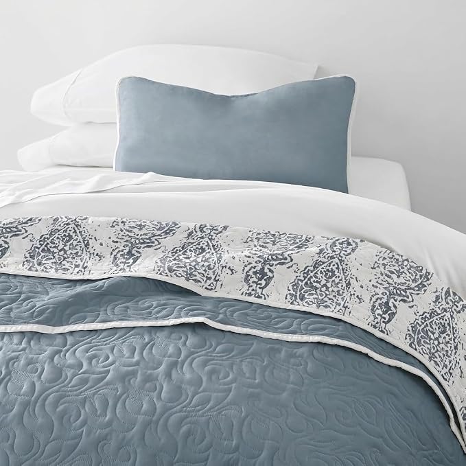 Merit Linens Soft Quilt Coverlet Bedding Set - Pattern/Solid Reversible - Twin/TwinXL Dusk Blue