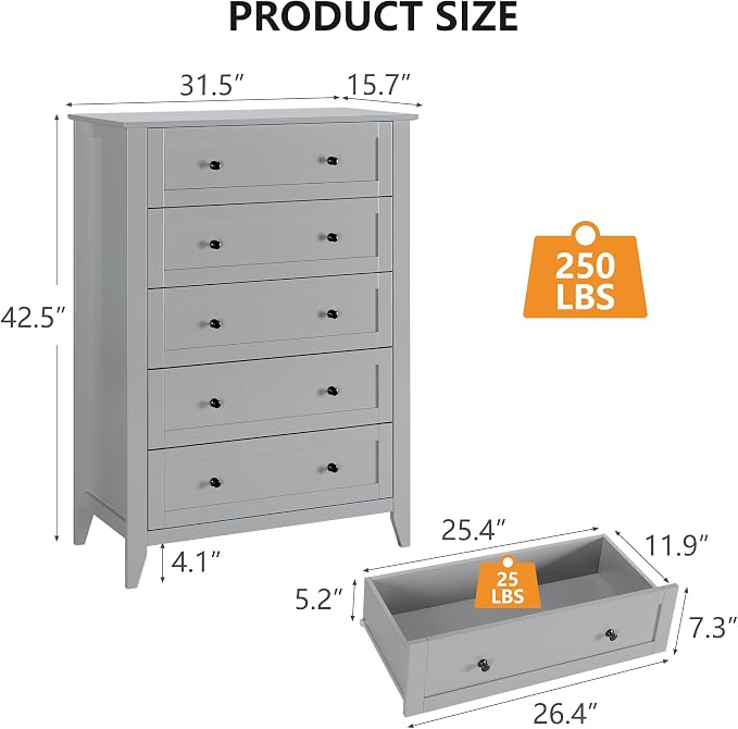 Garvee Grey 5-Drawer Dresser for Bedroom, 42.7" H Storage Drawers Organizer | Modern Lacquered Chest of Drawers, 15.8"D x 31.5"W x 42.7"H, Storage Dresser with Deep Drawers for Home Office