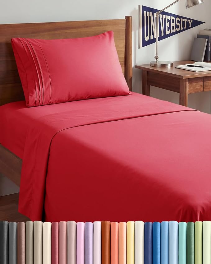 Twin XL 3 Piece Sheet Set - College Dorm Room Essentials - Red | Deep Pocket Bed Sheets for Women, Men, Teens & Students, Soft, Cooling, Breathable & Wrinkle Free, Oeko-Tex Bed Sheet Set