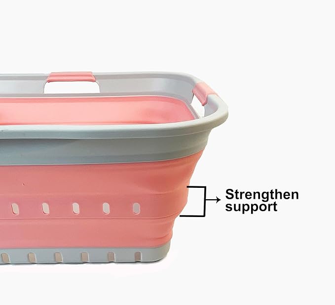 SAMMART 42L (11 gallon) Collapsible Plastic Laundry Basket - Foldable Pop Up Storage Container/Organizer - Space Saving Hamper/Basket (1, Grey/Quartz Pink)